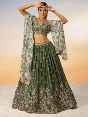 Olive Satin silk Sequins embroidery Semi-Stitched Lehenga choli & Dupatta