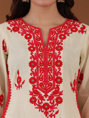 Off White Floral Embroidered Notched Neck Thread Work Straight Kurta with Trousers