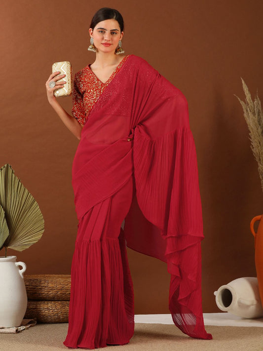 Maroon Accordian Pleat Ruffles Saree