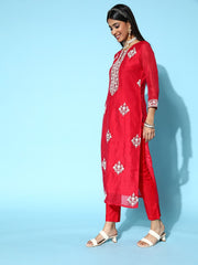 Pink Women Ethnic Motifs Chanderi Cotton Ethereal Embroidery Kurta Set