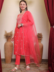 Pink Thread Embroidered Round Neck Kurta With Trousers & Dupatta