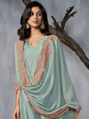 V-Neck Thread Work A-Line Pure Silk Kurta with Trousers & Dupatta