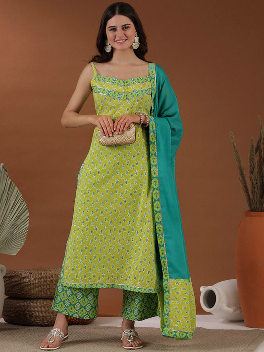 Green Floral Printed Regular Gotta Patti Kurta with Palazzos & Dupatta