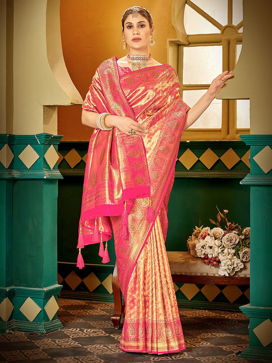 Women Pink Soft Silk Zari Woven Traditional Saree with Swaroski Diamonds