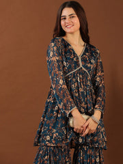 Navy Blue Floral Printed Pleated Gotta Patti Kurti With Sharara