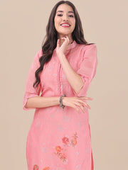 Pink Floral Embroidered Straight Kurta & Trousers With Dupatta