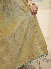 Gold-Toned And Green Woven Design Zari Saree