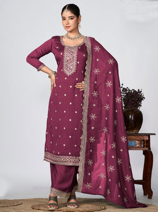 Wine Vichitra Silk Embroidered Wedding Festive Palazzo Suit