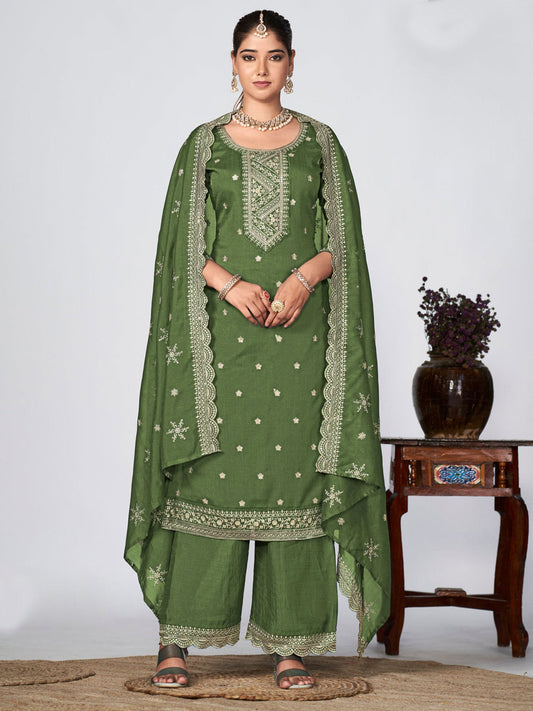 Green Vichitra Silk Embroidered Wedding Festive Palazzo Suit