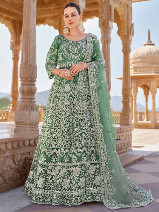 Mint Green Cording Thread Embroidery Designer Anarkali Suit