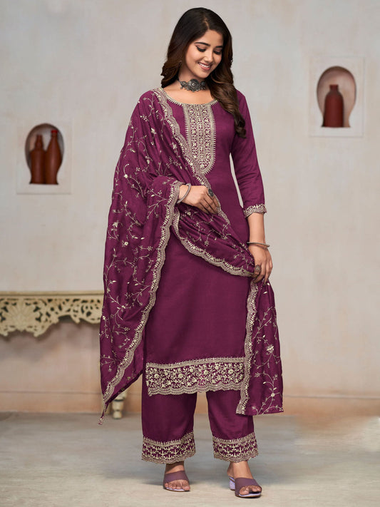 Beautiful Burgundy Vichitra Silk Fancy Salwar Suit