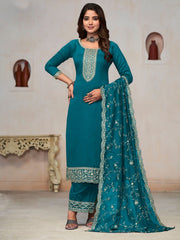 Beautiful Turquoise Vichitra Silk Fancy Salwar Suit