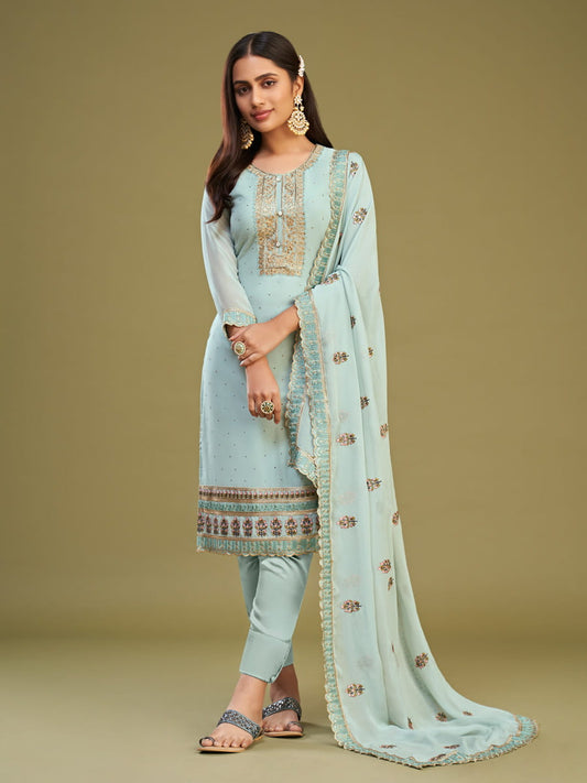 Sea Green Embroidered Partywear Straight-Cut-Suit