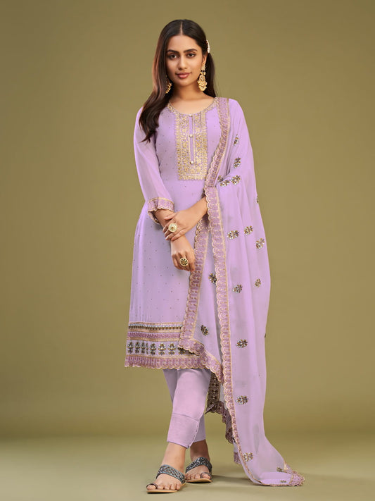 Lilac Embroidered Festive-Wear Straight-Cut-Suit