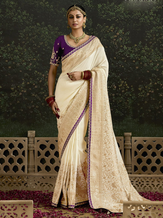 Awesome Cream Zari Weaving Silk Traditional Saree With Blouse