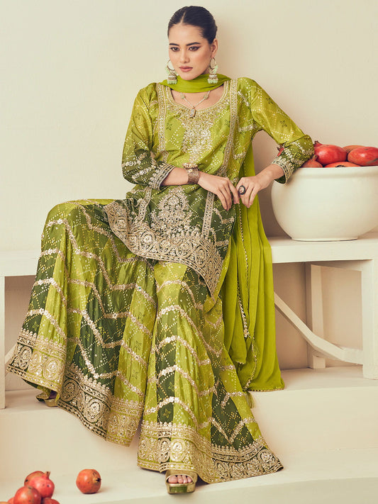 Green And Olive Chinon Palazzo Suit with Bandhani Print