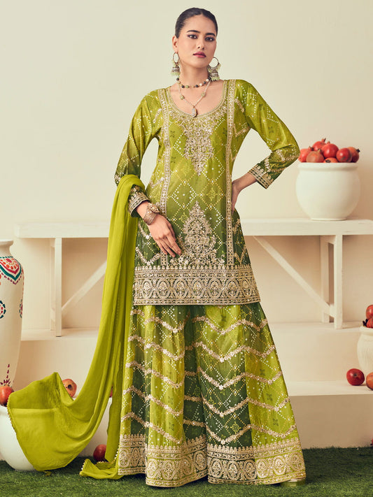 Green And Olive Chinon Palazzo Suit with Bandhani Print