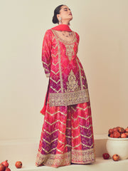 Purple and Rose Pink Chinon Palazzo Suit with Bandhani Print