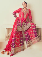 Purple and Rose Pink Chinon Palazzo Suit with Bandhani Print