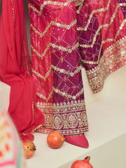 Purple and Rose Pink Chinon Palazzo Suit with Bandhani Print