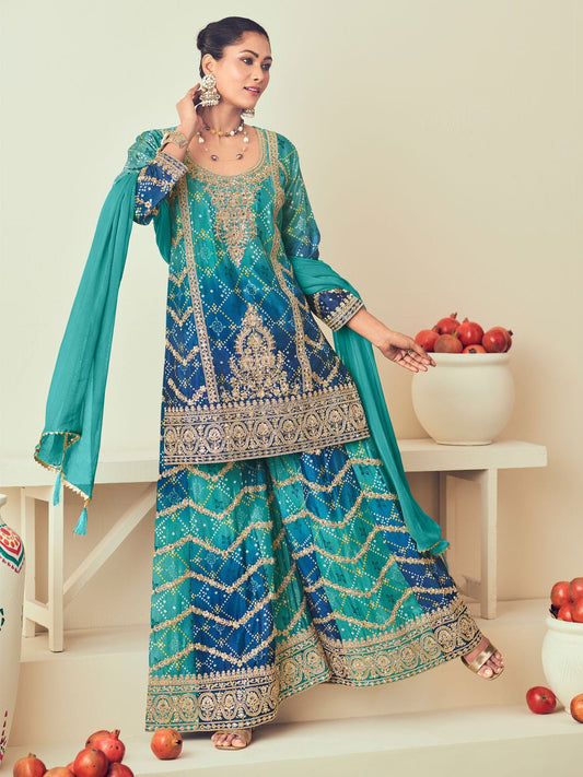 Aqua Blue and Navy Blue  Chinon Palazzo Suit with Bandhani Print