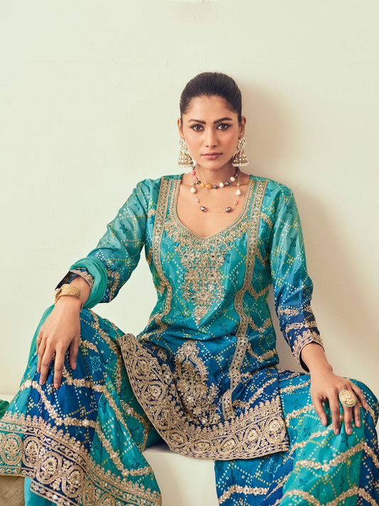 Aqua Blue and Navy Blue  Chinon Palazzo Suit with Bandhani Print