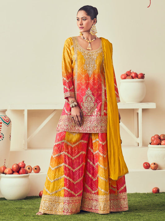 Mustard and Rose Pink Chinon Palazzo Suit with Bandhani Print