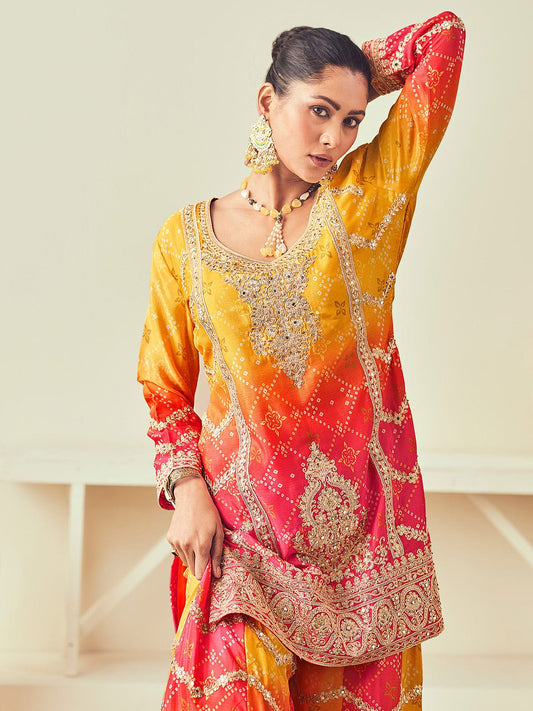 Mustard and Rose Pink Chinon Palazzo Suit with Bandhani Print