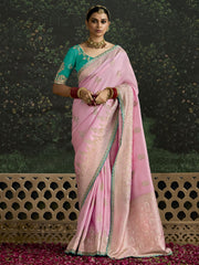 Beautiful Baby Pink Zari Weaving Silk Festival Wear Saree With Blouse