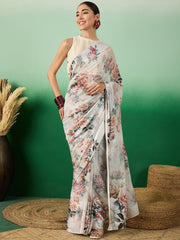 Off White Floral Printed Saree With Blouse Piece