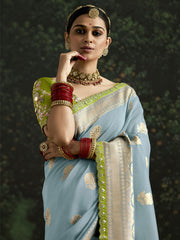 Gorgeous Sky-Blue Zari Weaving Silk Event Wear Saree With Blouse