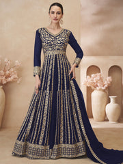 Dark Blue Embroidered Anarkali Lehenga Style Suit