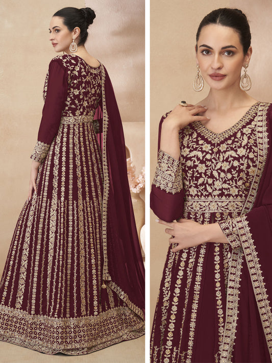 Maroon Embroidered Anarkali Lehenga Style Suit