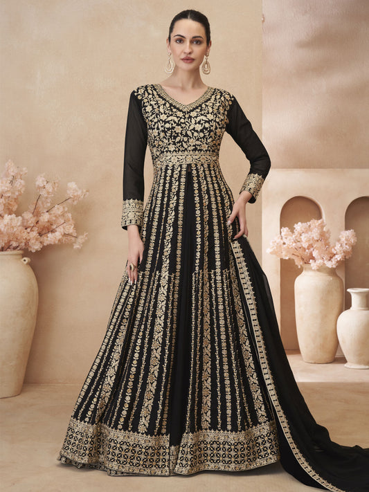 Black Embroidered Anarkali Lehenga Style Suit