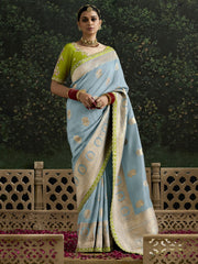 Gorgeous Sky-Blue Zari Weaving Silk Event Wear Saree With Blouse