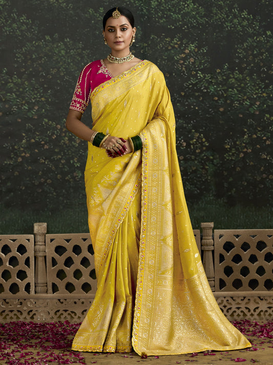 Enchanting Yellow Zari Weaving Silk Haldi Wear Saree With Blouse