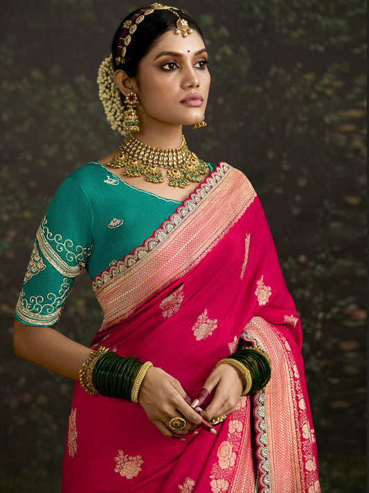 Cherry Red And Teal Multi Embroidery Silk Saree