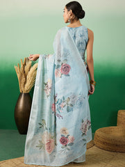 Blue Floral Printed Embellished Linen Blend Saree