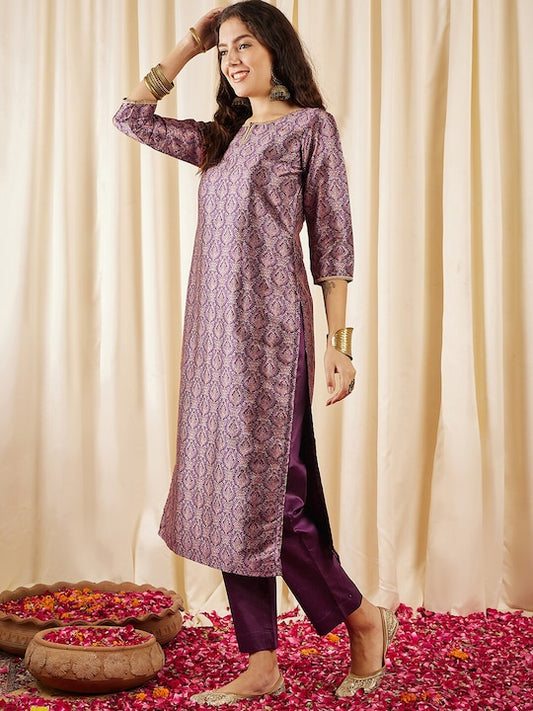 Mauve Ethnic Motifs Printed Regular Brocade Kurta with Trousers