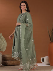 Green Floral Pleated Thread Work Kurta With Trouser & Dupatta