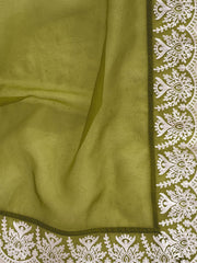 Green And White Embroidered Organza Saree