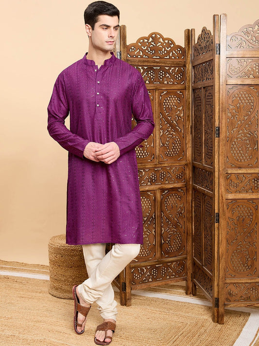 Purple Striped Embroidered Mandarin Collar Straight Kurta