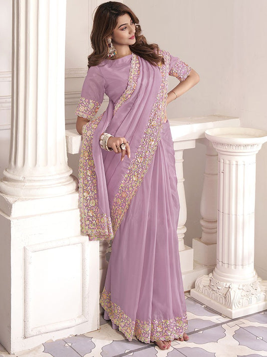 Mauve And Pink Sequinned Organza Saree