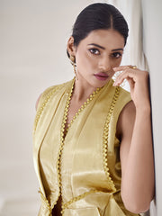 V-Neck Pure Silk Cinched Waist Embellished Top