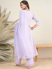 Women Lavender Floral Embroidered Regular Thread Work Kurta with Palazzos & With Dupatta