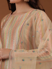 Beige Striped Embroidered Round Neck Thread Work Kurta with Trousers & With Dupatta