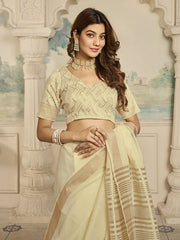 Beige And Gold-Toned Zari Solid Saree