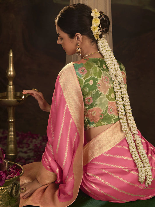 Pink And Green Silk Traditional Saree