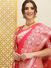 Coral Pink & Gold-Toned Paisley Zari Banarasi Saree