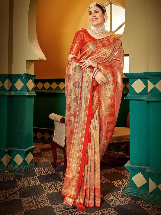 Women Orange Soft Silk Zari Woven Traditional Saree with Swaroski Diamonds